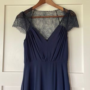 ASOS formal navy gown with lace cap sleeves.